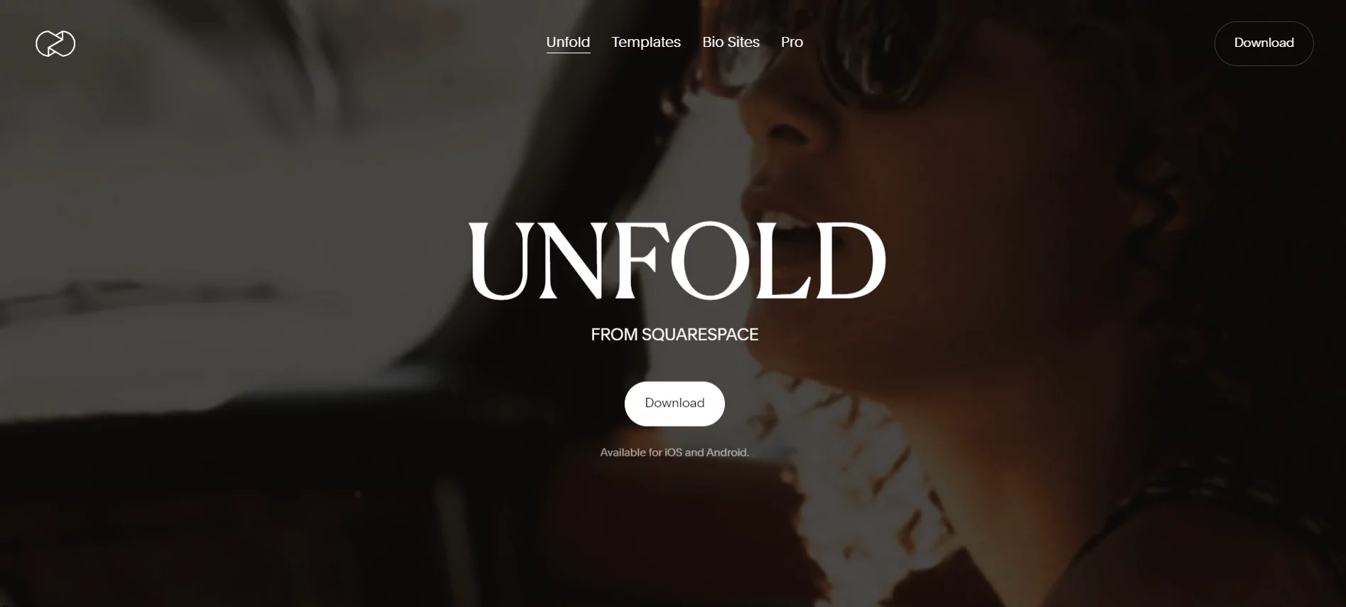 Homepage of Unfold featuring a silhouette of a woman wearing sunglasses, set against a dark background, highlighting the app's ability to enhance storytelling.