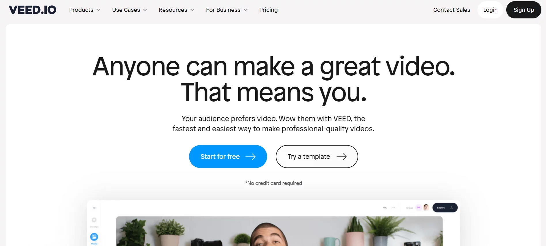 VEED.IO website homepage promoting a user-friendly video creation tool with a headline and call-to-action buttons for starting for free or trying a template.