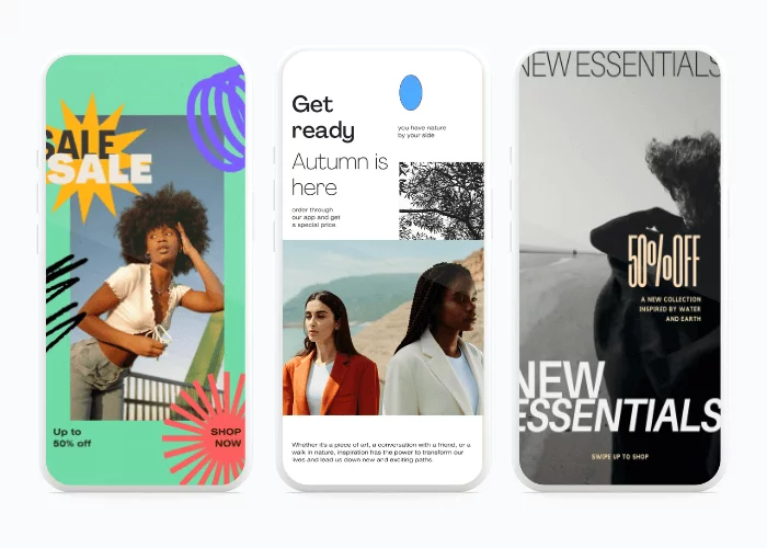 Instagram Story templates featuring vibrant summer sale with woman, autumn fashion ad with two models, and monochrome new essentials promo.
