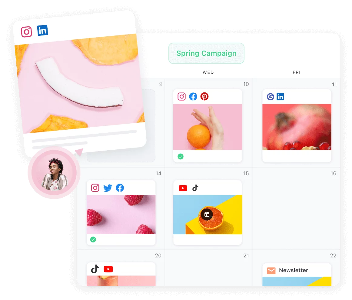 Planable's social media calendar interface showcasing a "Spring Campaign" with various colorful posts scheduled across different platforms such as Instagram, Facebook, Pinterest, LinkedIn, Twitter, TikTok, and YouTube.
