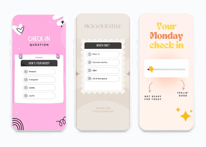 Interactive IG story templates: mood check-in question, content style poll, and motivational Monday check-in with status slider.