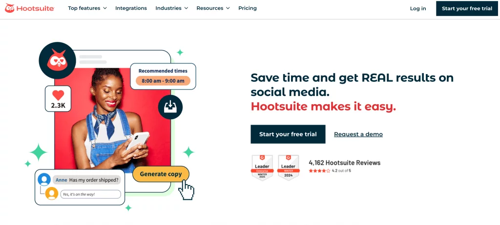 Hootsuite website interface promoting easy social media management.