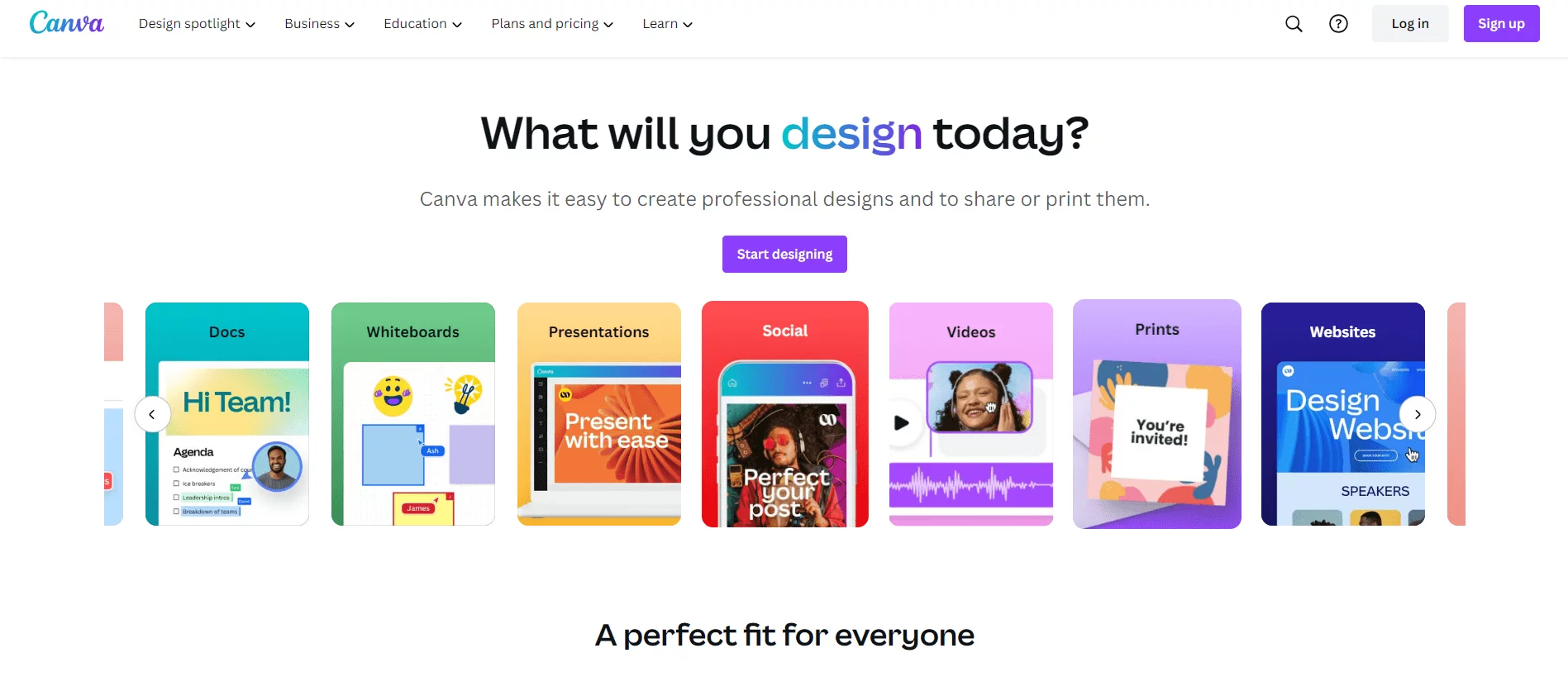 Canva homepage showcasing design solutions for various needs such as documents, whiteboards, presentations, social media, videos, prints, and websites, all designed to make professional creation accessible and efficient.