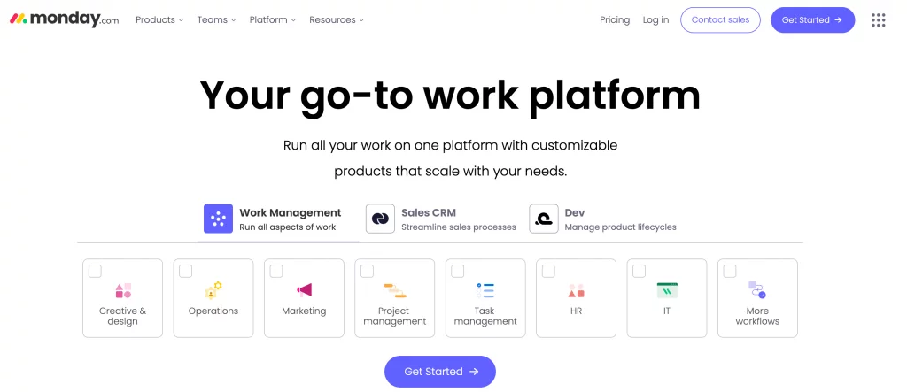 Screenshot of the monday.com website homepage with a heading 'your go-to work platform'.