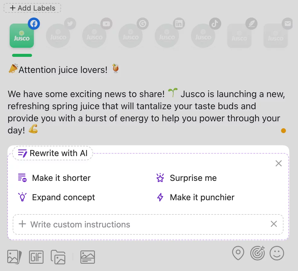 Social media post in Planable displaying a draft announcement for a new Jusco juice flavor, with AI-assisted writing tool for rewriting and editing the message.