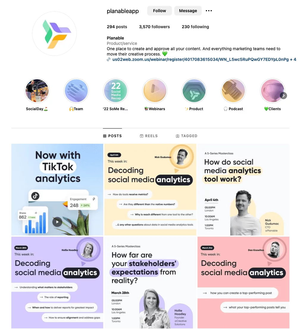 Planable's Instagram profile featuring posts about social media analytics, TikTok analytics, stakeholder expectations, and masterclasses with experts.