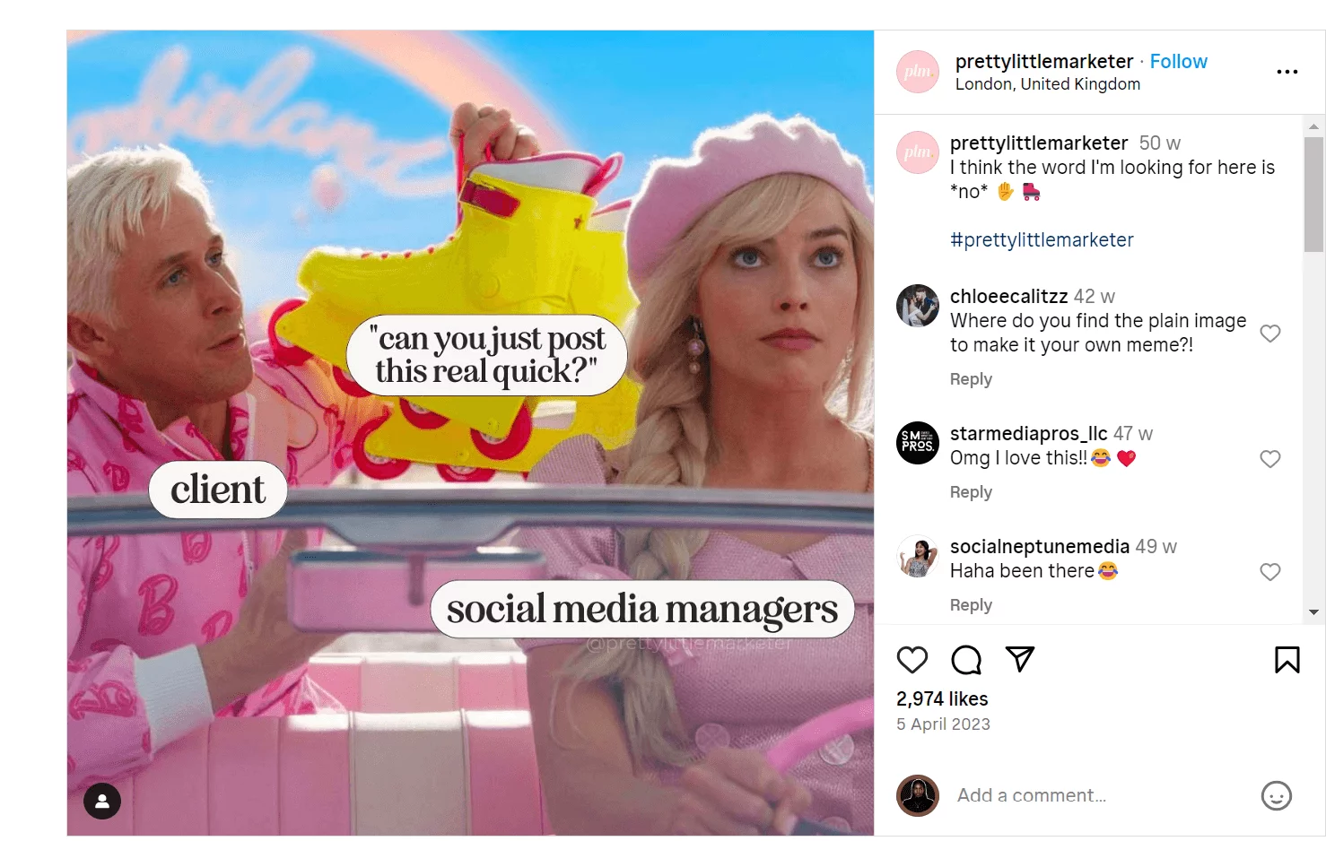 Meme of Barbie characters in a car. Text over man holding rollerblade reads "client: can you just post this real quick?" Text over woman reads "social media managers."