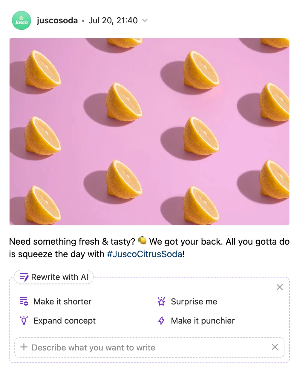 Social media post in Planable featuring halved lemons on a pink background, promoting #JuscoCitrusSoda with AI rewrite options for the caption.