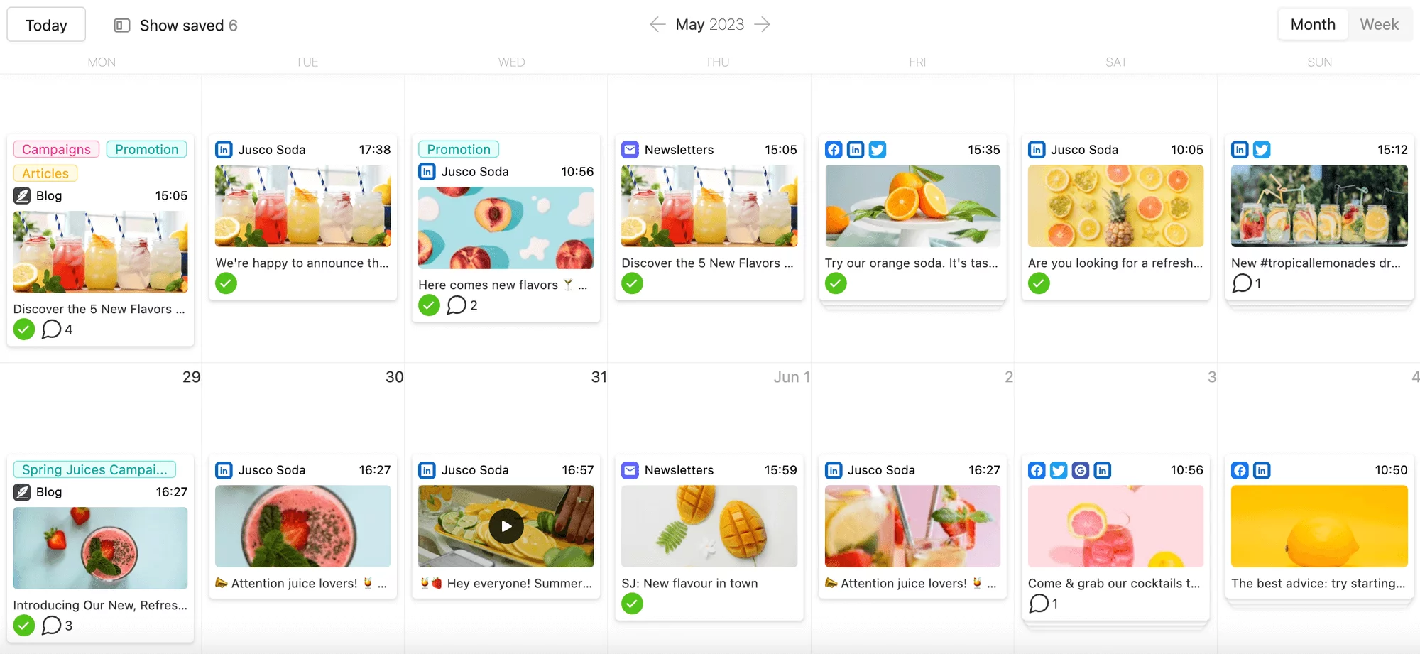 Social media calendar with scheduled posts featuring various fruit drinks and promotional content in Planable