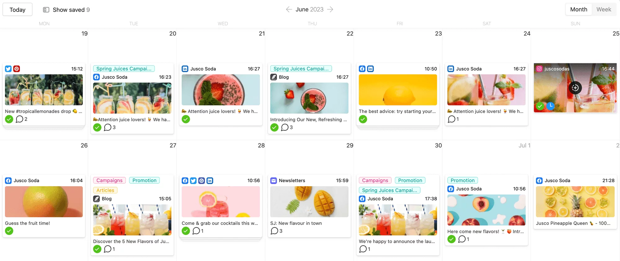 Social media posts featuring fruit-themed drink images and promotional content spread across Planable's calendar view.