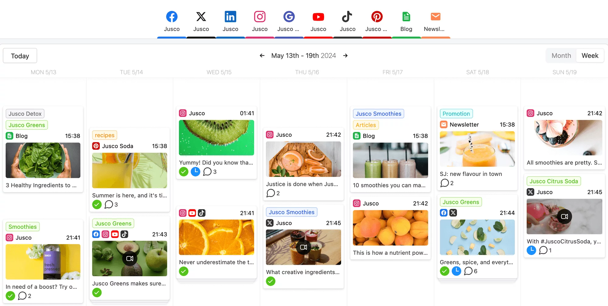 Jusco's content calendar, displaying scheduled posts on various social media platforms featuring smoothies, juices, greens, and promotional content.