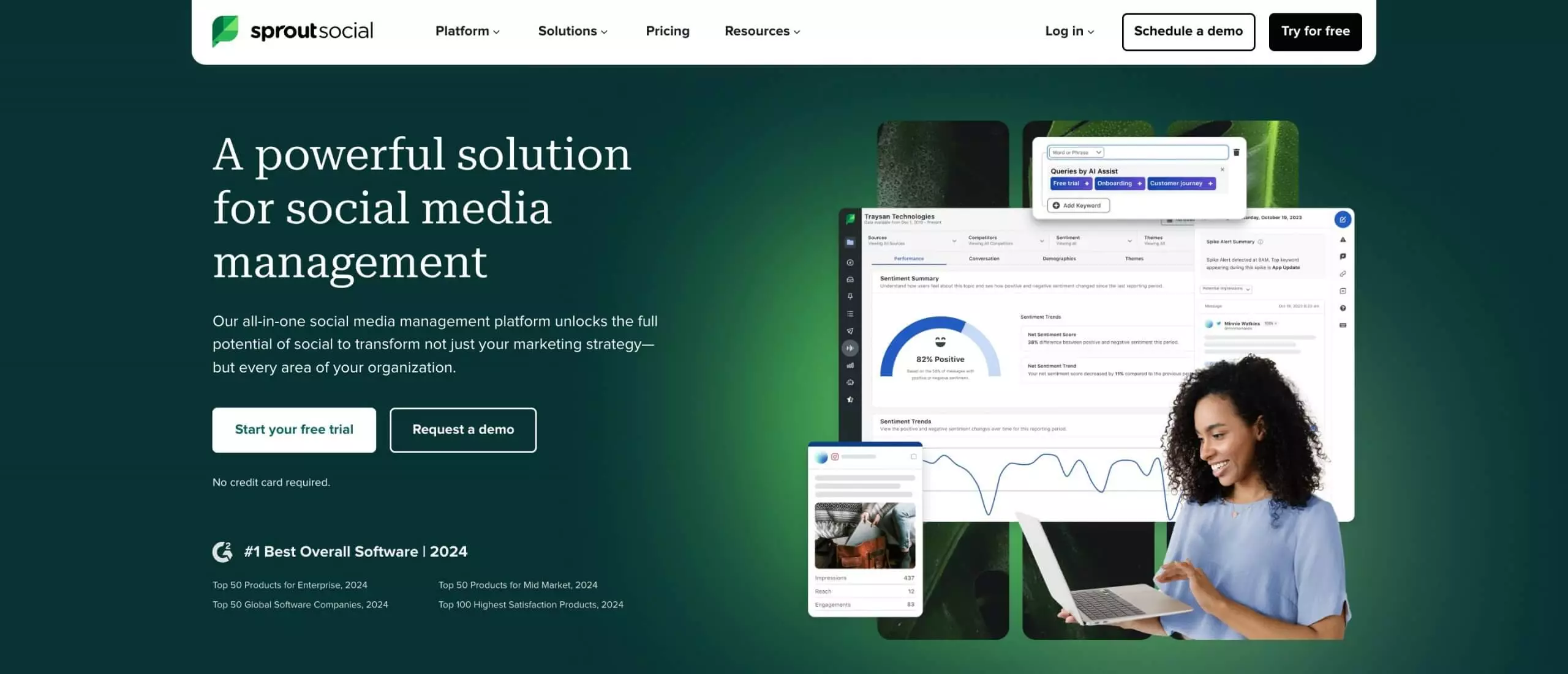 Sprout Social's homepage showcasing advanced social media management and analytics tools.
