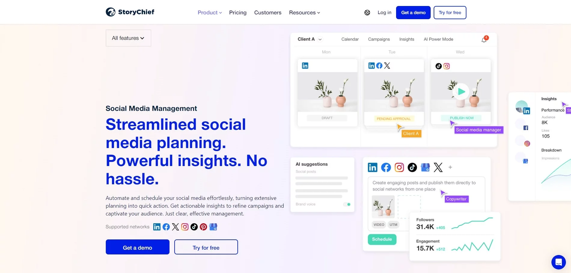 Storychief social media planning landing page