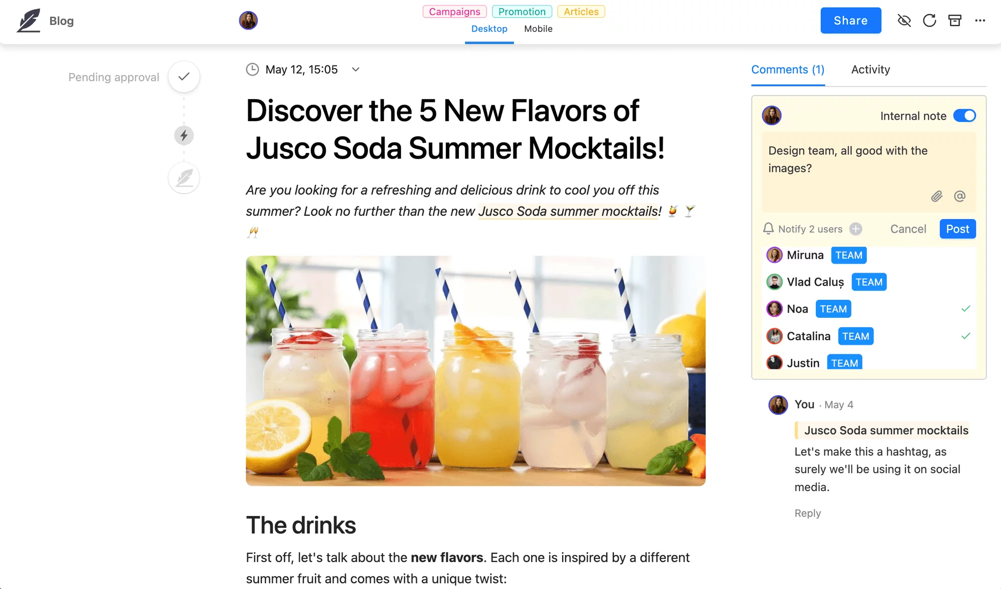 Blog post draft featuring a title about new Jusco Soda Summer Mocktails, with collaboration on the right side via comments, allowing only team members to see the comments