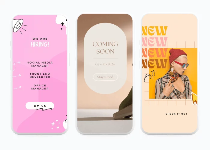Instagram story templates promoting various announcements: "We are hiring!", "Coming soon" teaser with date, "New post" alert with stylish woman.
