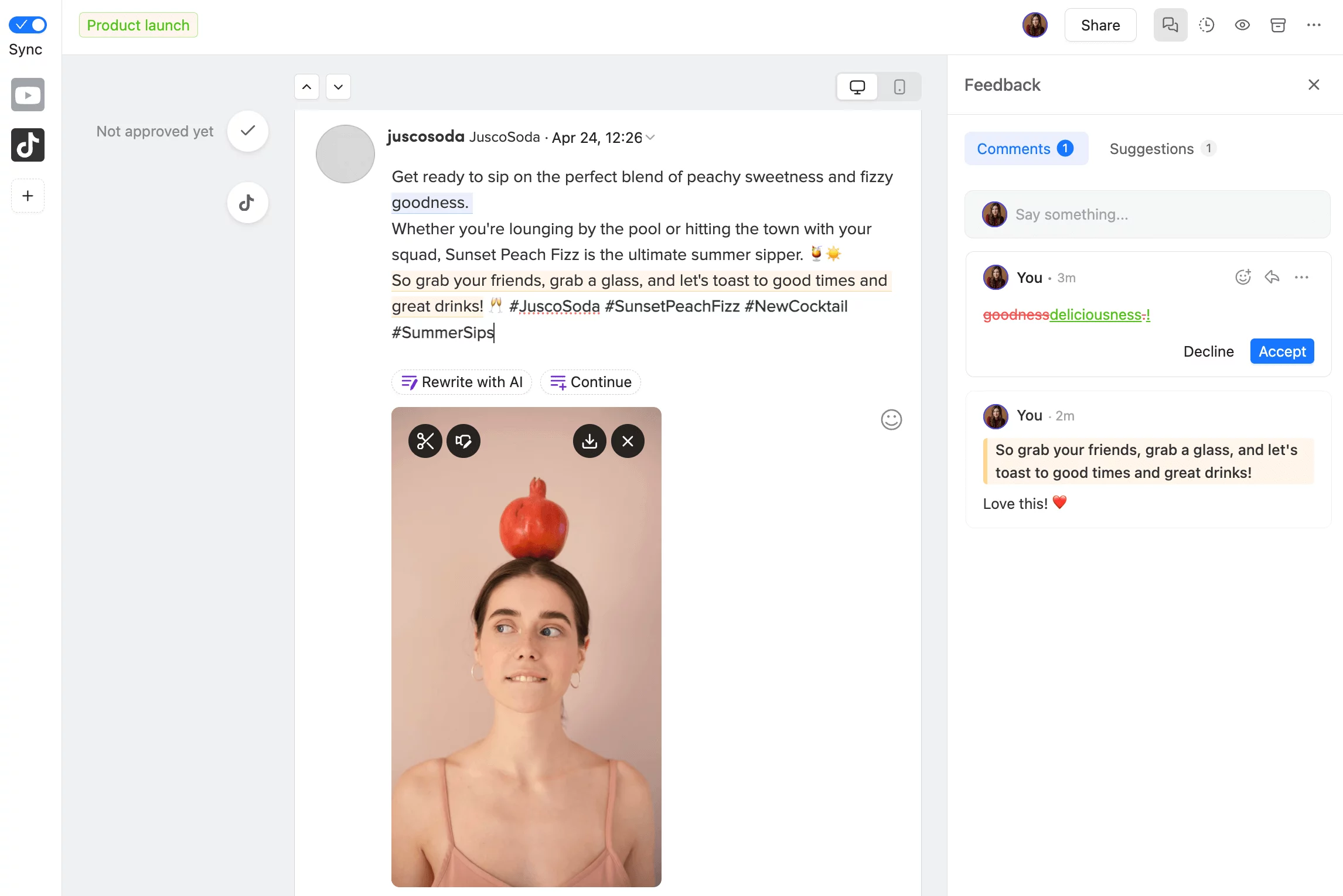 TikTok post with collaboration through comments, text suggestions, video editing options, and approval status.