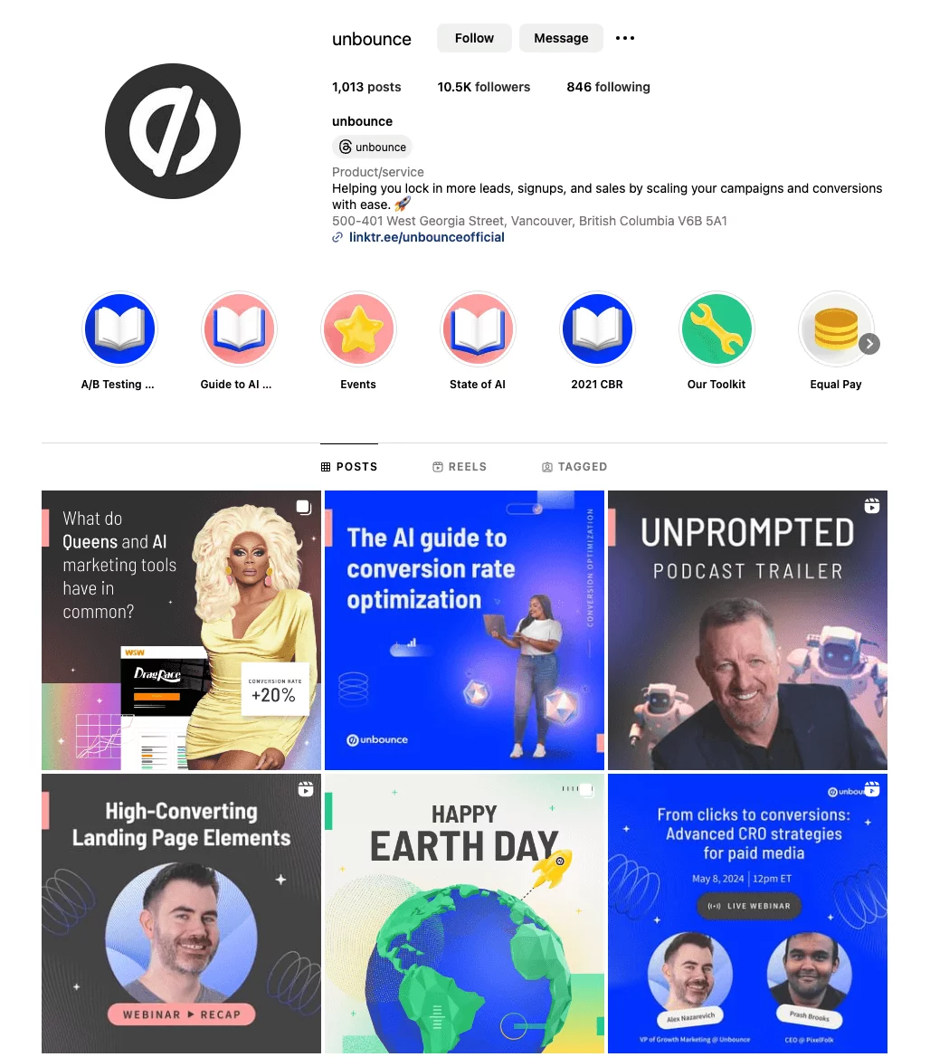 Unbounce's Instagram profile featuring posts on AI marketing, conversion optimization, a podcast trailer, landing page elements, Earth Day, and a CRO webinar.