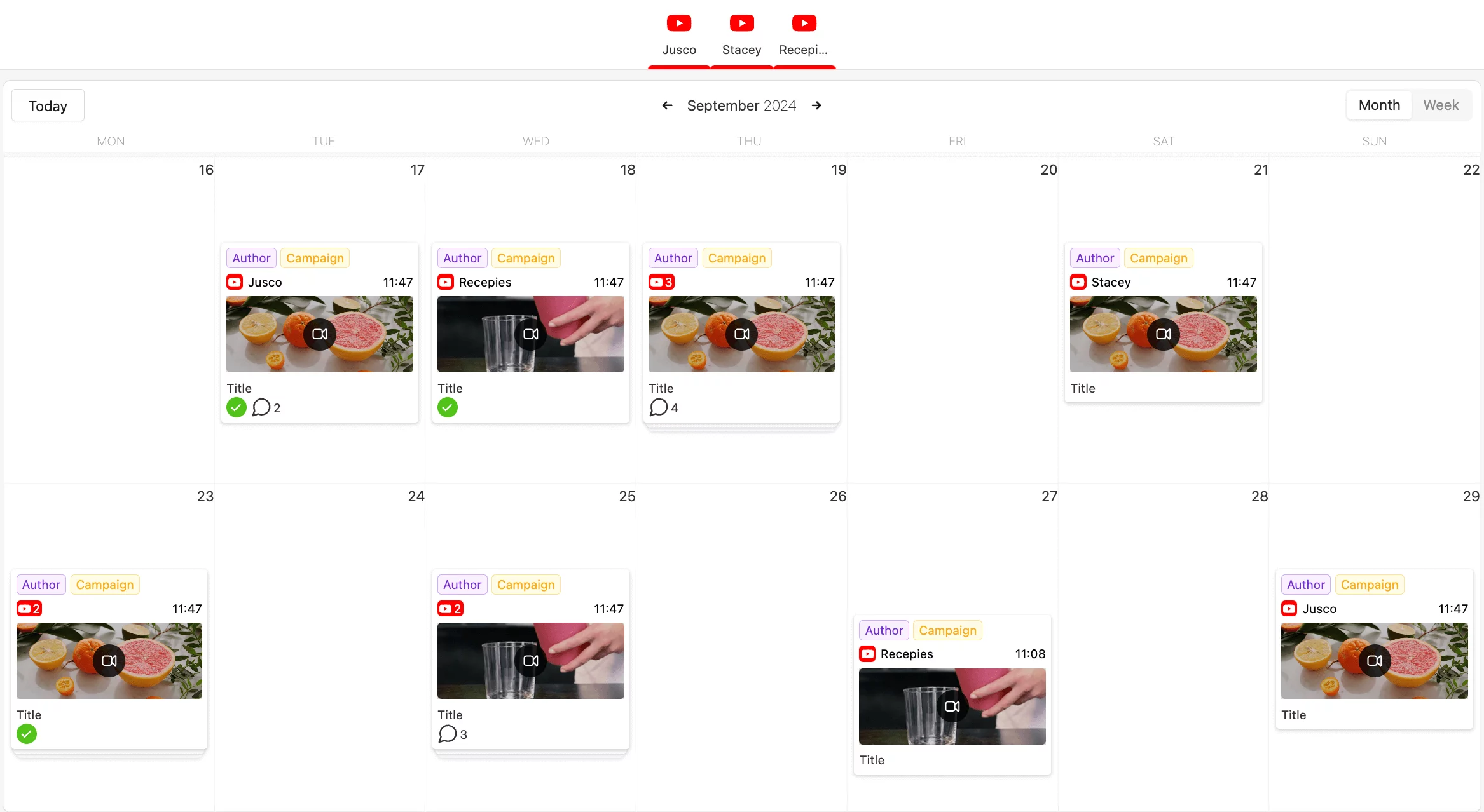 Youtube content calendar in planable for September with colored labels and approved posts