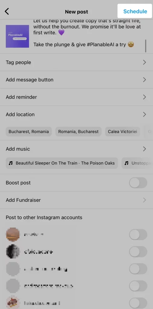 Schritt zur Planung des Instagram-Beitrags mit markierter Schaltfläche „Schedule“ (Planen)