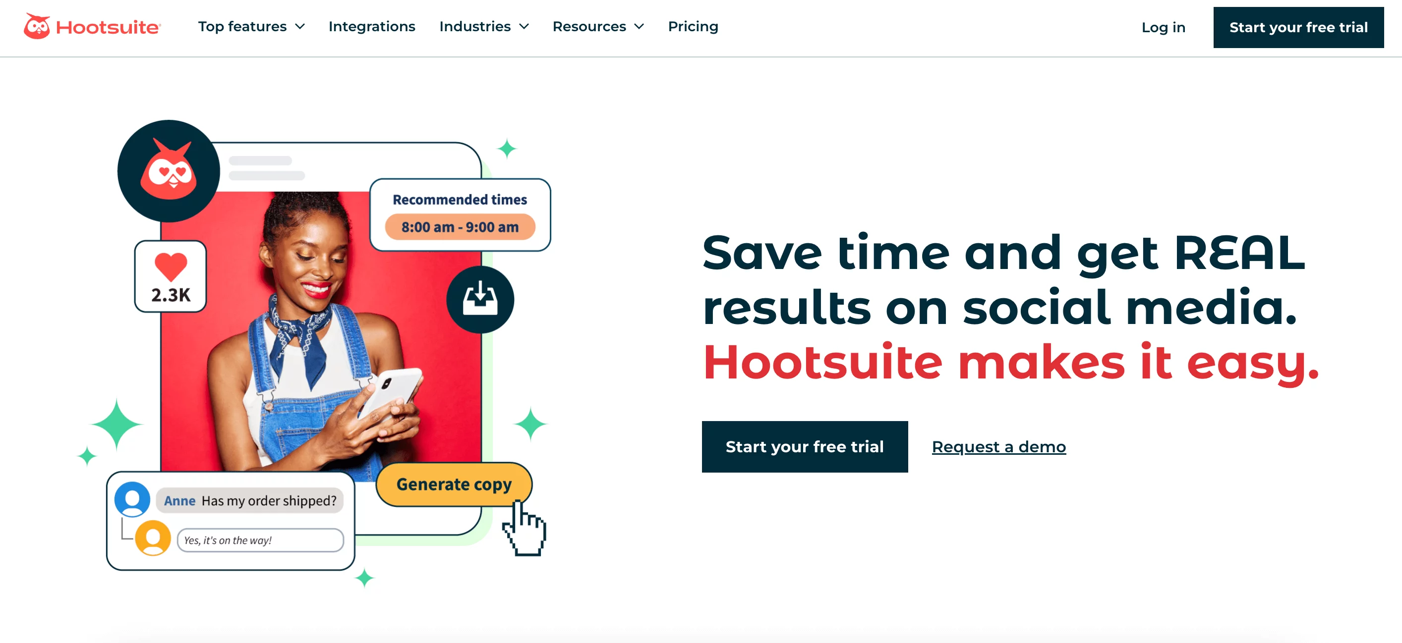 Hootsuite homepage promoting social media management with a free trial offer, featuring a woman using a phone and interactive elements for engagement and content creation.