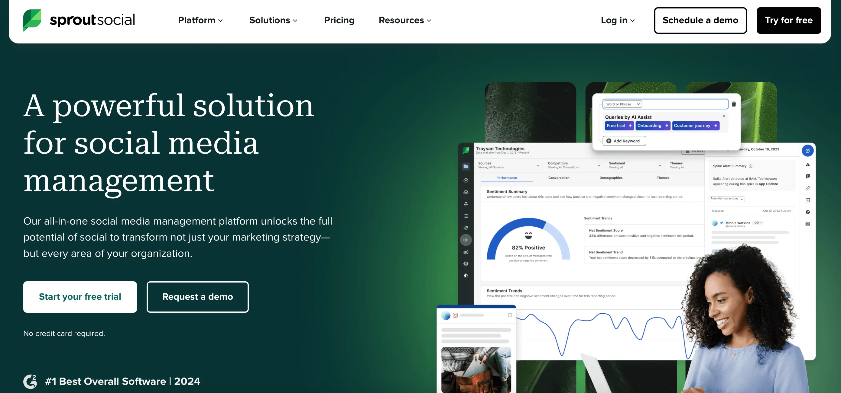 Sprout Social homepage promoting its social media management platform with options to start a free trial or request a demo, and visual analytics of sentiment trends.