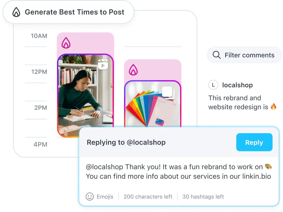 Social media management interface in Later showing best times to post, with images of a woman working and colorful stationery, along with a reply to a comment about a rebrand.