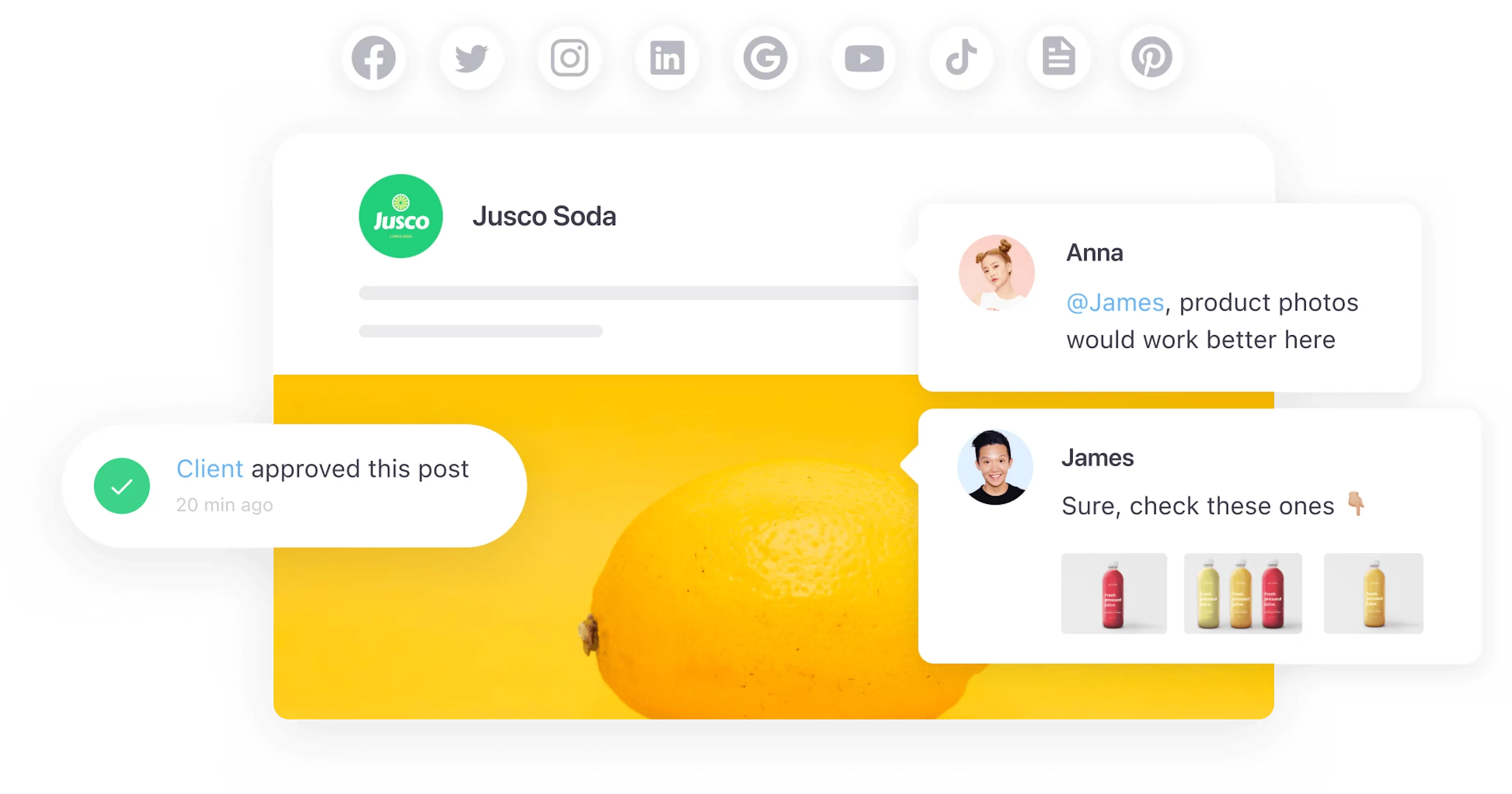 Screenshot of a social media post for Jusco Soda with a lemon image, client approval notification, and chat about product photos.