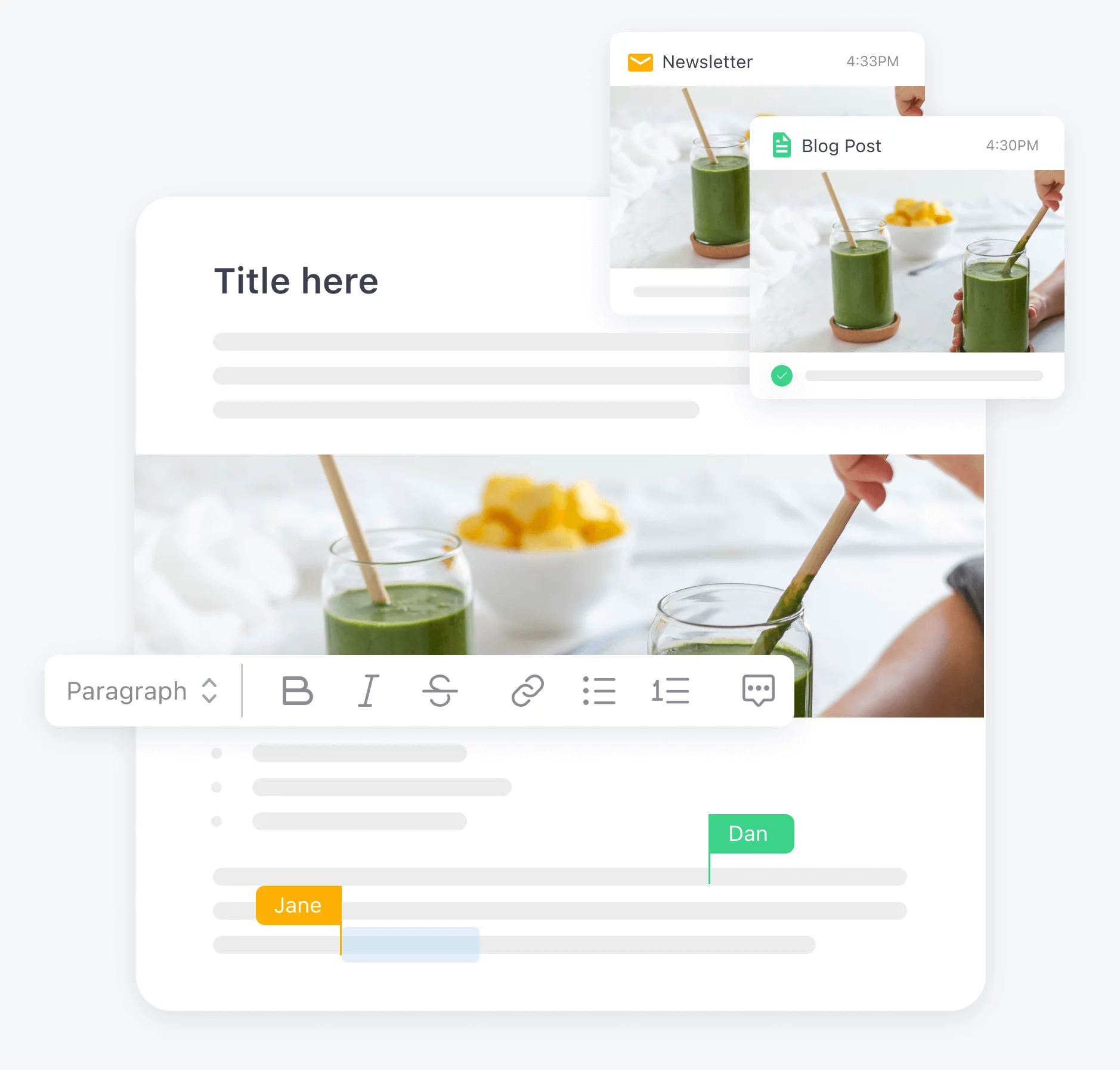 Planable's document editor showing collaboration features with image of green smoothies and editing tools for newsletters and blog posts.