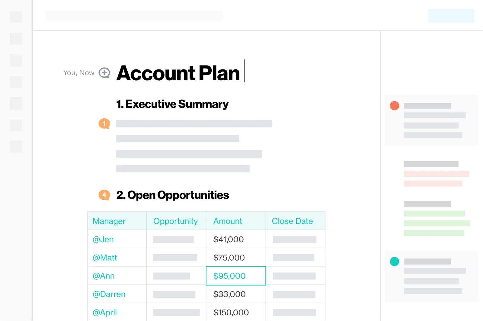 Account plan document in Quip with sections for executive summary and open opportunities, featuring a table with managers, opportunities, amounts, and close dates.