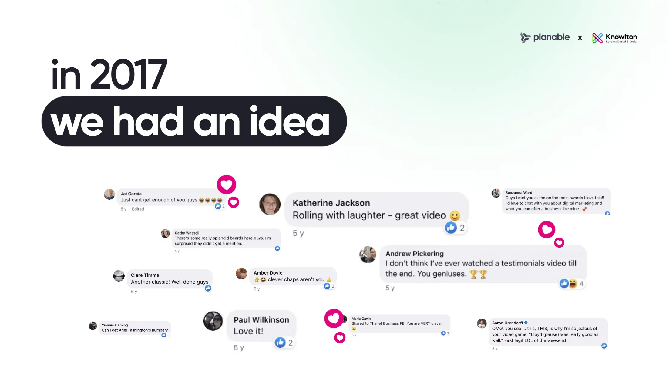 Text "in 2017 we had an idea" with various Facebook comments praising a video. Planable and Knowlton logos in the top right corner.