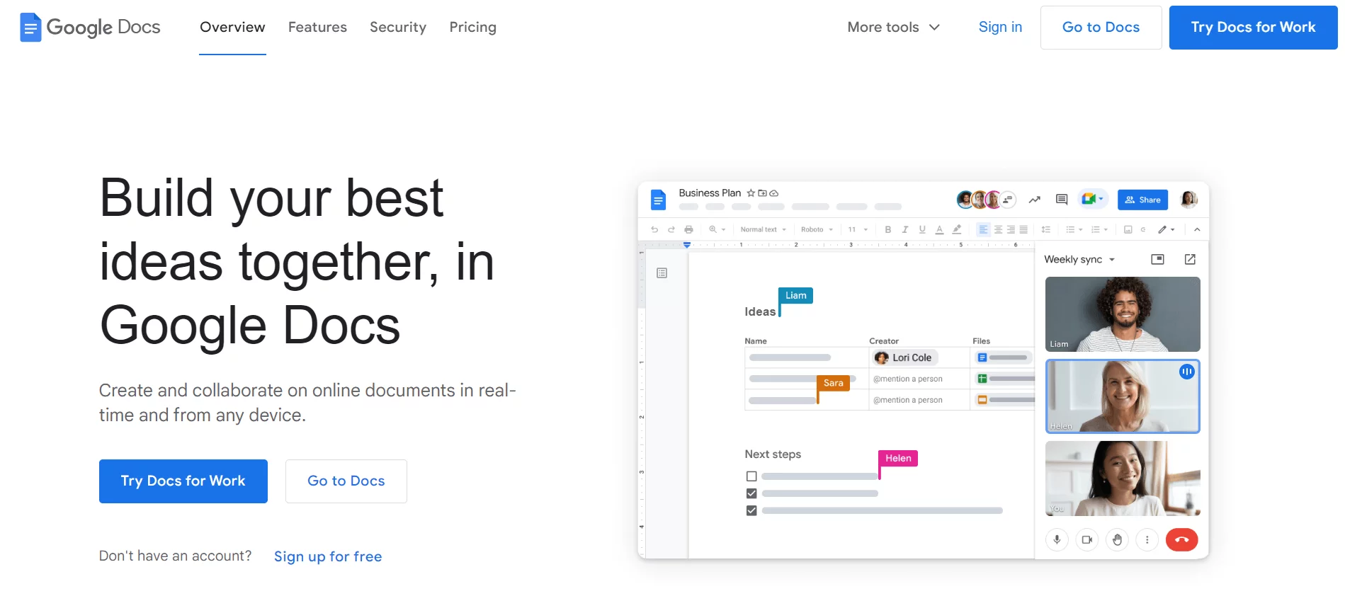 Google Docs homepage promoting real-time online document collaboration with features for video calls and team editing.