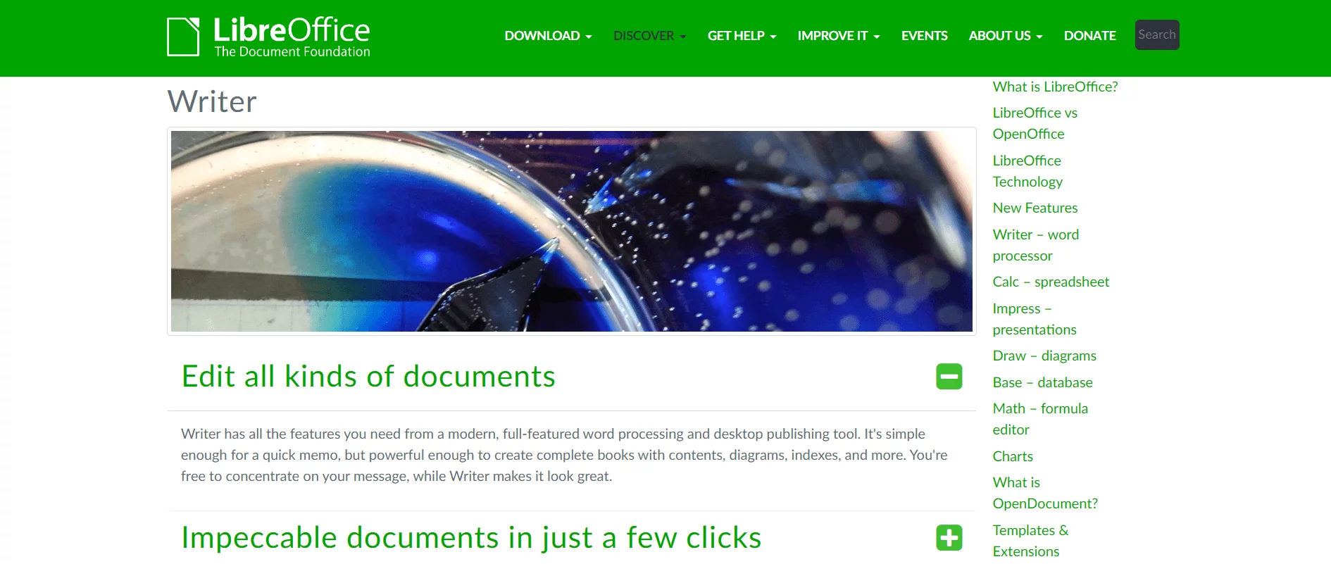 LibreOffice Writer homepage promoting features for editing various document types and creating professional-quality content easily.