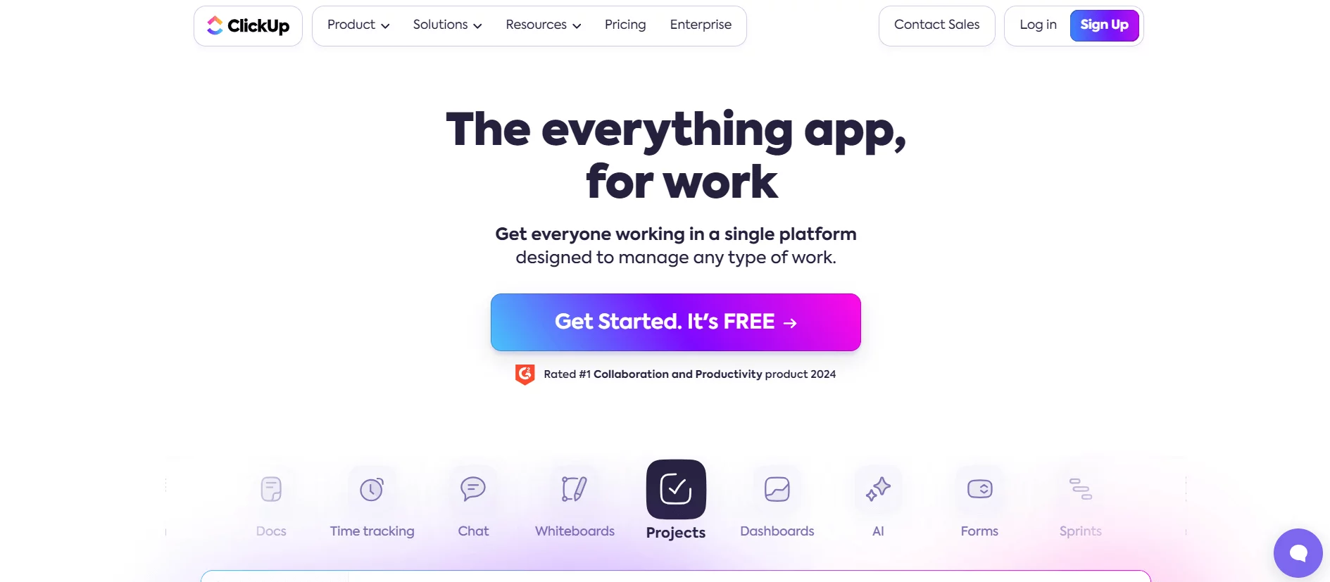 ClickUp homepage promoting its all-in-one work management platform with features like docs, time tracking, chat, projects, and more. Options to get started for free or sign up.