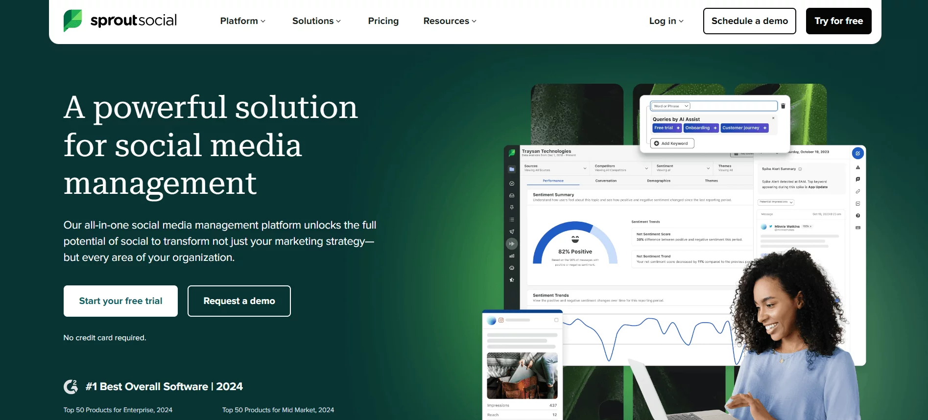 Sprout Social homepage promoting its social media management platform with options to start a free trial or request a demo.