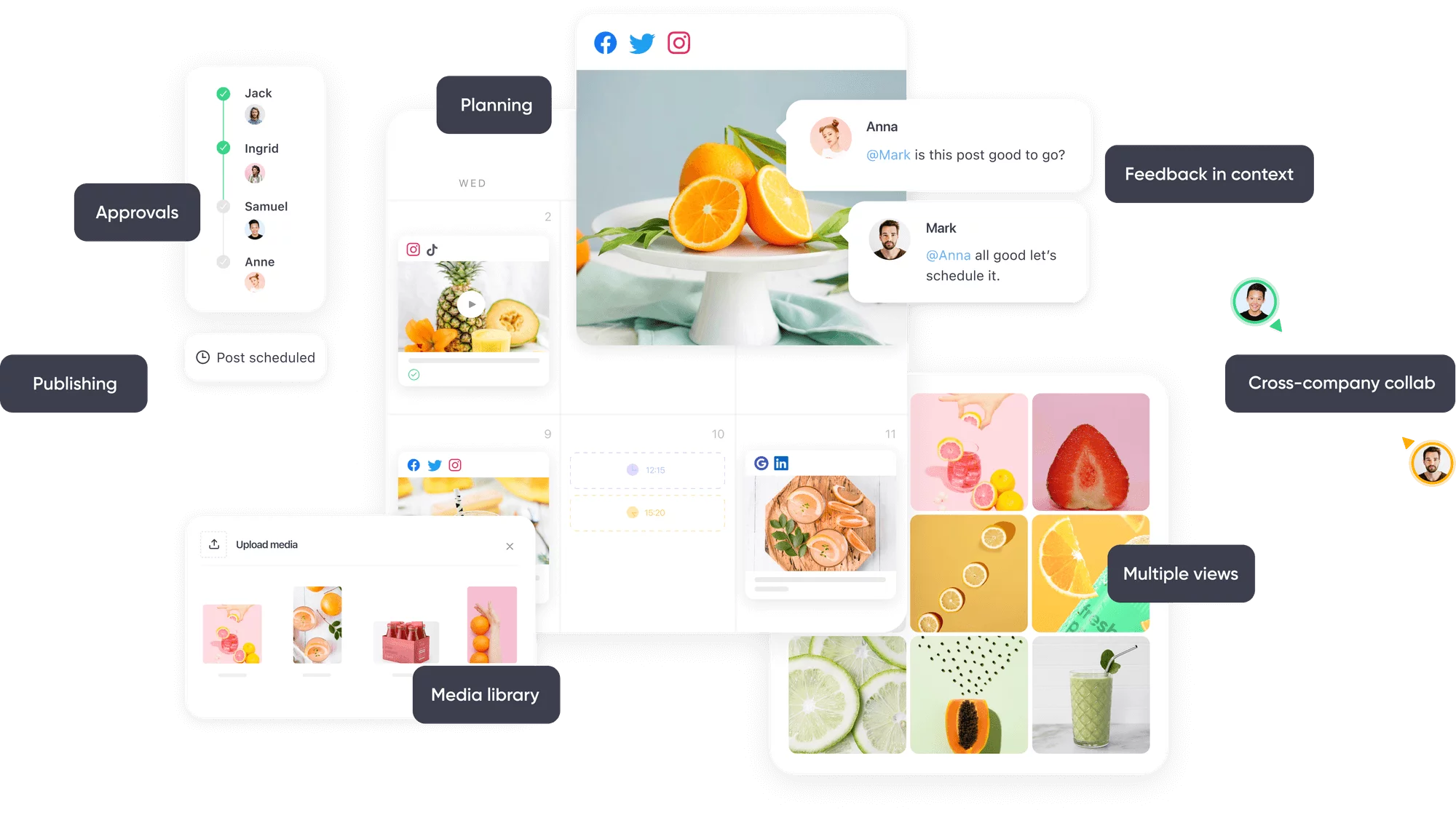 Planable's social media planning and collaboration interface with features like approvals, publishing, feedback, media library, and cross-company collaboration.