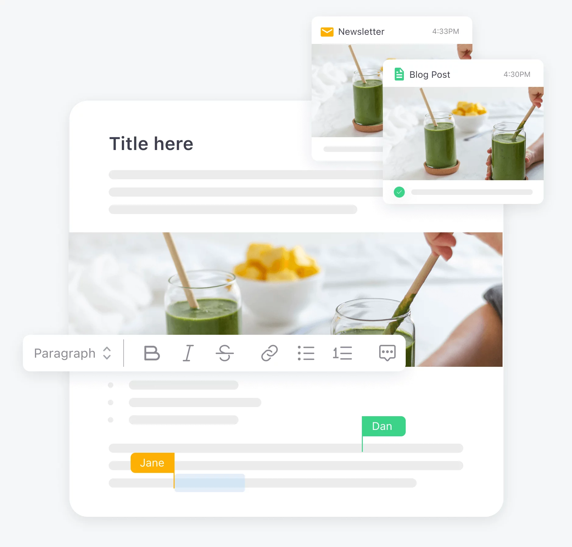 Editing interface for a blog post about green smoothies, showing collaborative comments from Jane and Dan, with newsletter and blog post previews.