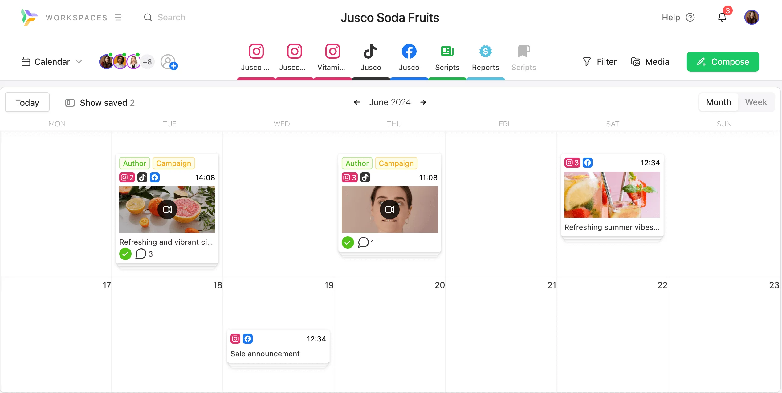 Social media calendar dashboard in Planable, showing multiple approved posts and drafts