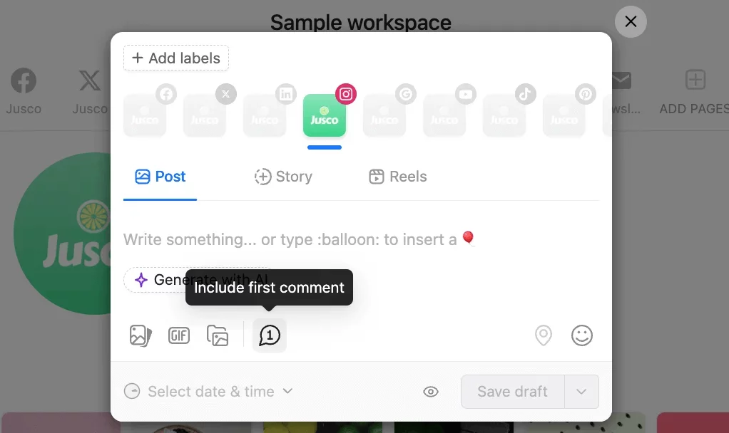 Planable interface for Jusco, highlighting the option to include the first comment when scheduling an Instagram post.