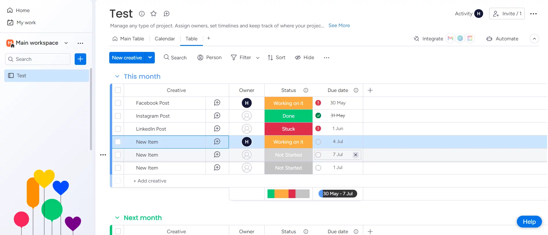 Project management dashboard on Monday.com showing task statuses and due dates for social media posts and new items.