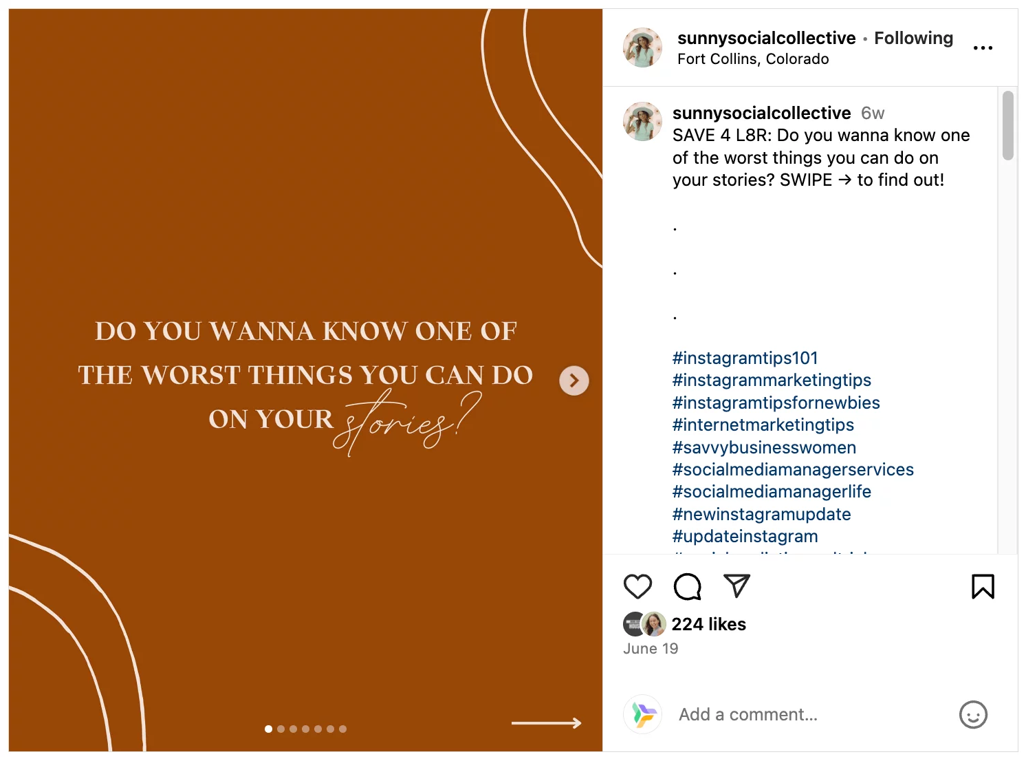 Sunny Social Collective IG post about "Worst things you can do on your Story" with generated hashtags by Planable's Instagram Hashtag Generator