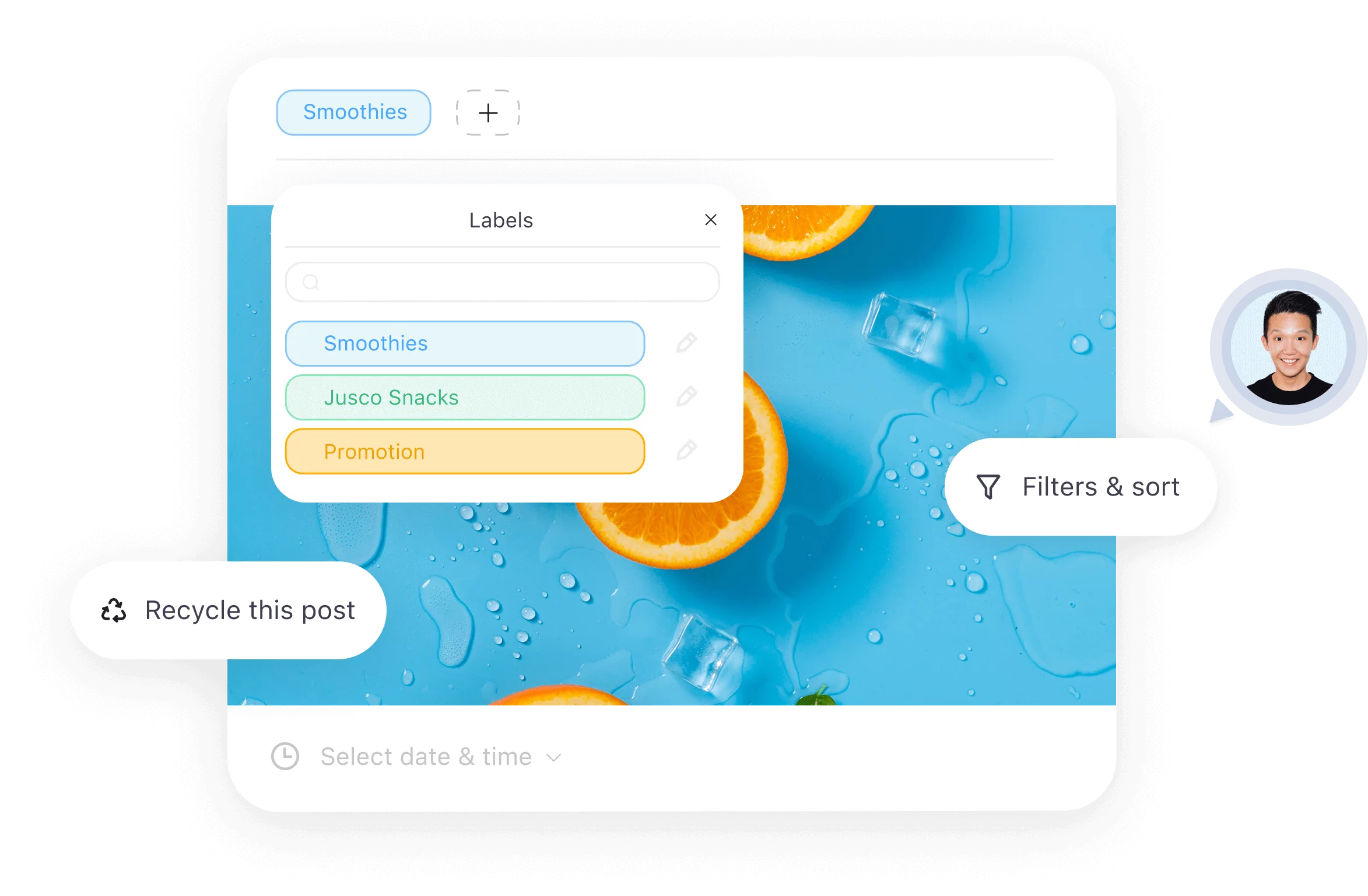 Planable post scheduling interface with options to label, filter, sort, and recycle posts, featuring an image of oranges and ice on a blue background.