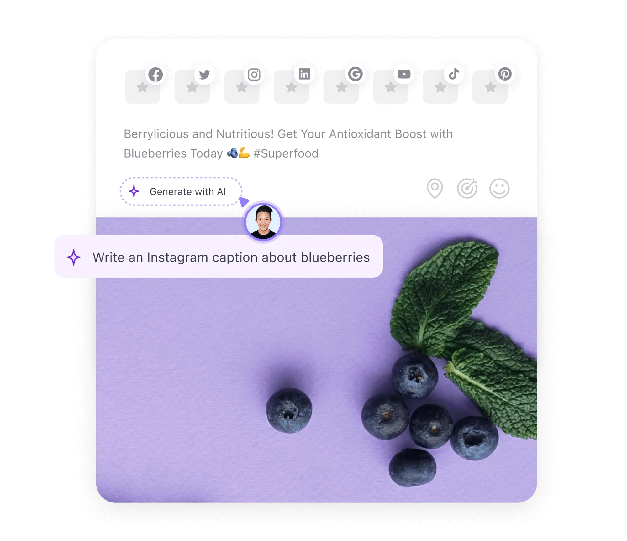 Social media caption generator Planable using AI to create an Instagram caption about blueberries, with a photo of blueberries and mint leaves on a purple background.