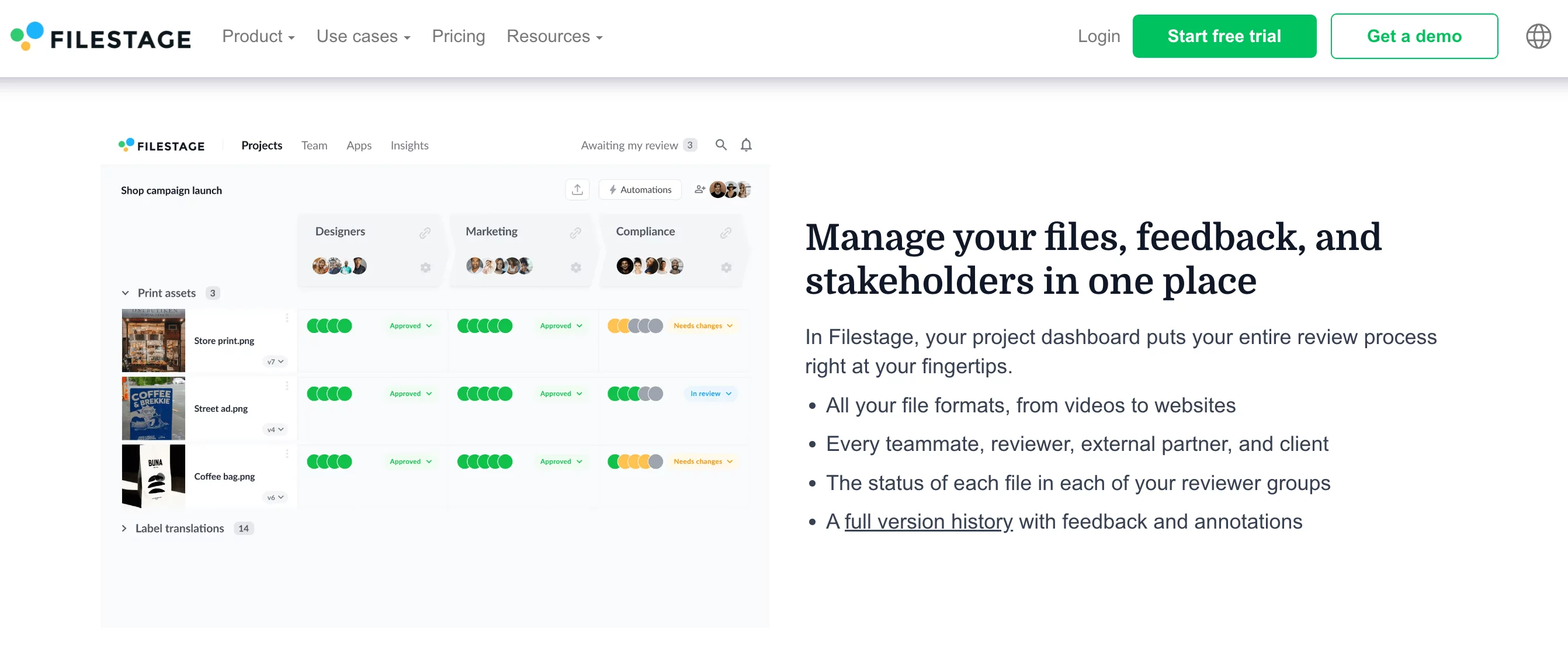 Filestage homepage showcasing project dashboard for managing file approvals across teams, highlighting streamlined review processes.