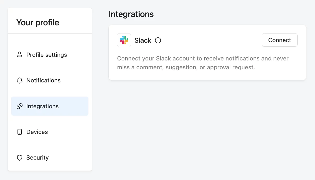 Slack integration option in the user's Planable profile settings.