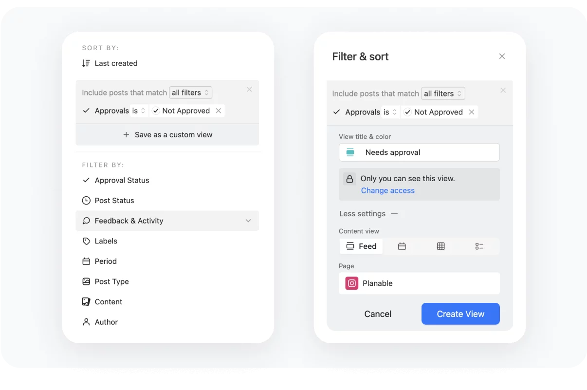 Filter and sort interface in Planable for social media posts showing options to filter by approval status, post type, and other criteria, with a custom view for posts needing approval.