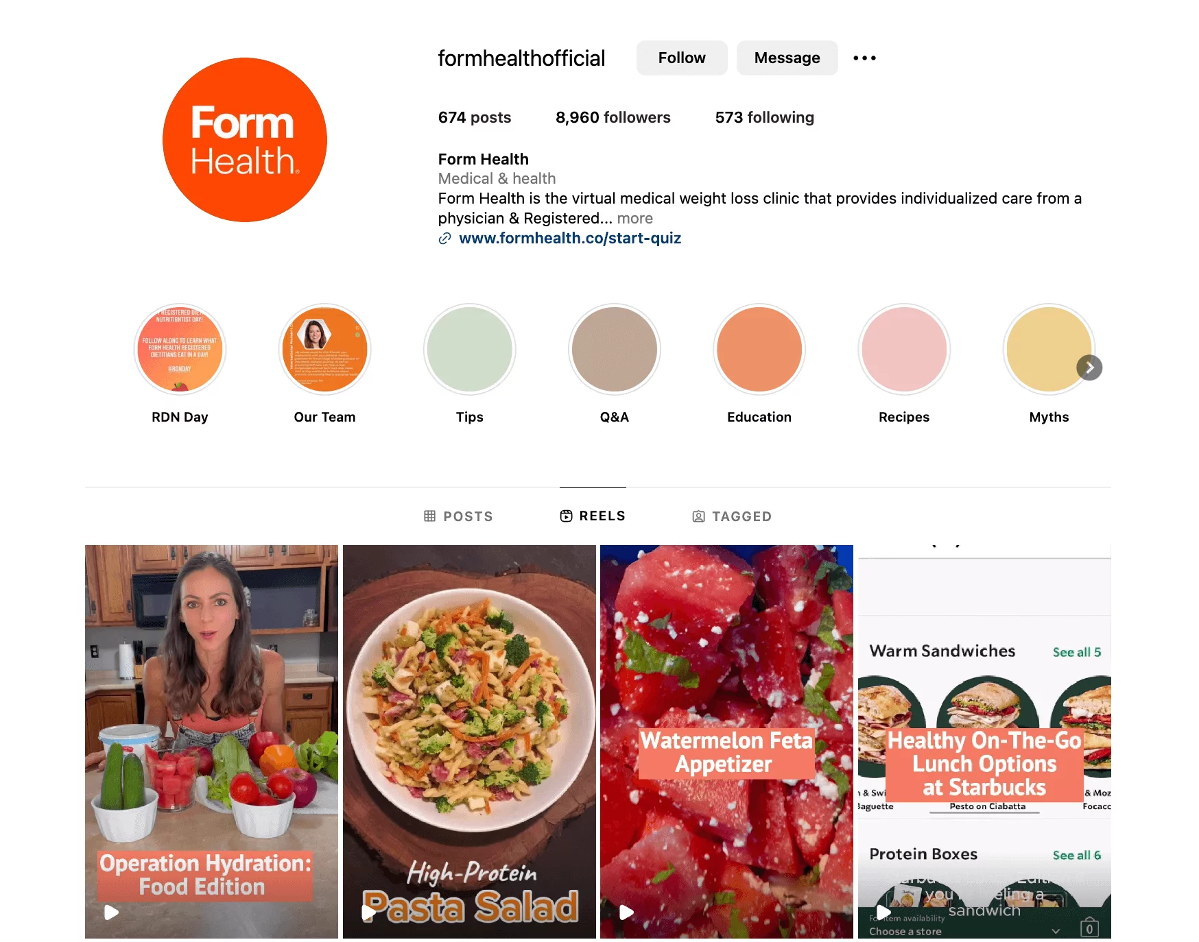 Form Health's Instagram page showcasing their virtual medical weight loss services with engaging posts, reels and highlights.