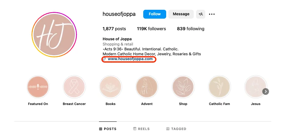 House of Joppa's Instagram profile featuring modern Catholic home decor, jewelry, and gifts with a link to their website