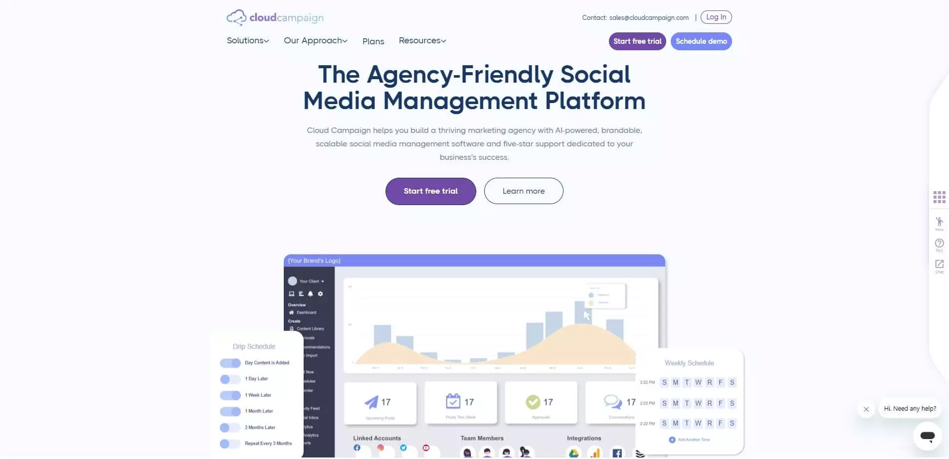 Cloud Campaign homepage promoting their agency-friendly social media management platform with AI-powered tools and scalable software.