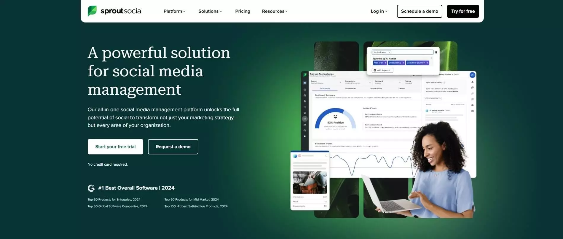 Sprout Social homepage showcasing their social media management platform, offering tools for campaign management, performance tracking, and collaboration.