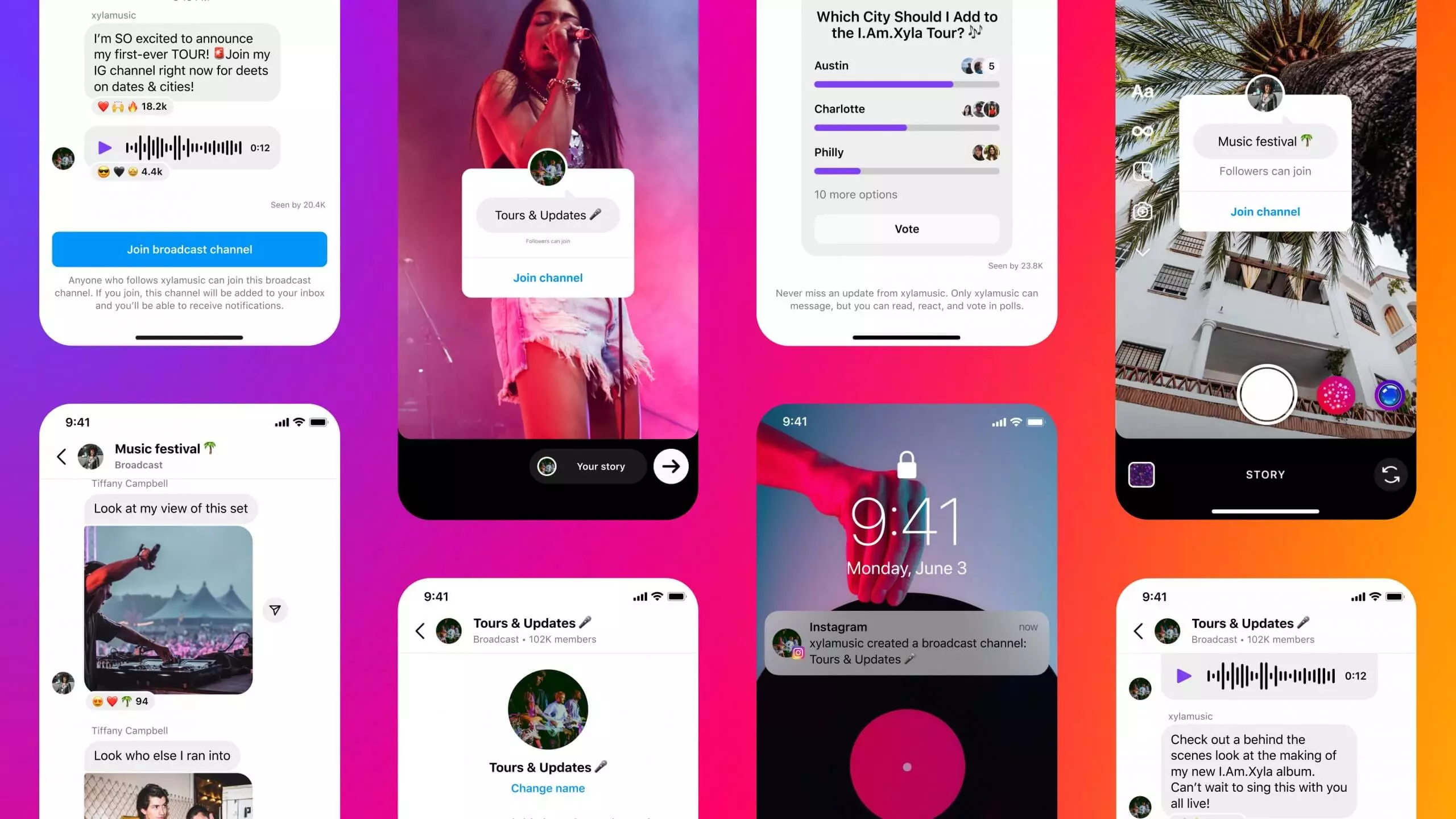 Instagram's feature for broadcast channels, showing examples of how users can engage with followers through various content formats.